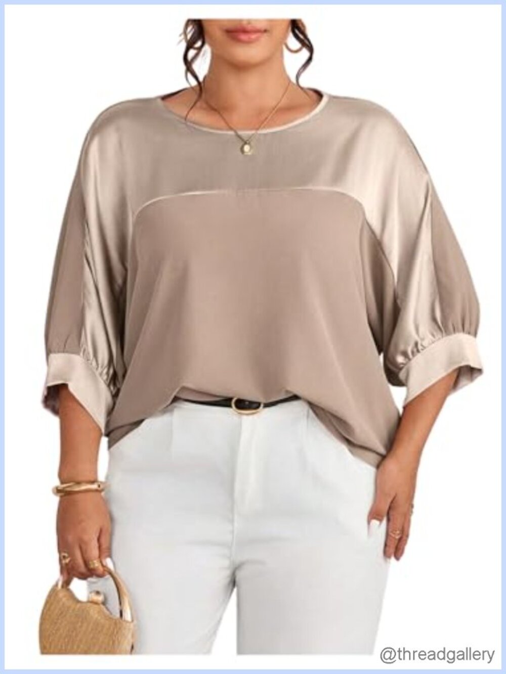 Plus Size Metallic Satin Dressy Top 3/4 Sleeve Crew Neck Work Blouse